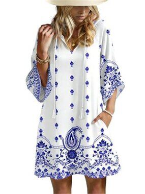 Women’s White and Blue Boho Beach Dress Tassel Tie V-Neck Cover Up with Pockets